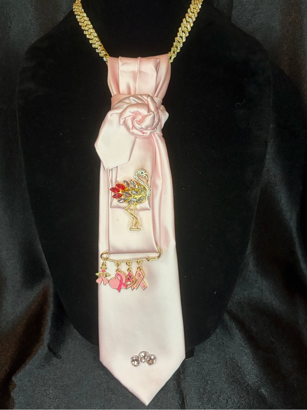 Pink Satin Tie Necklace with Flamingo Brooch and Charm Accents